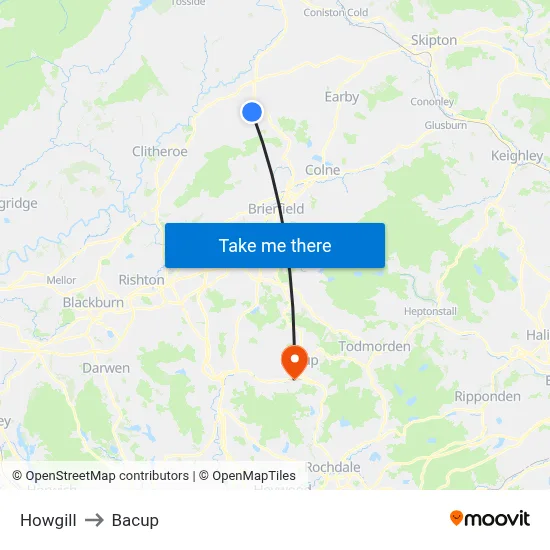Howgill to Bacup map