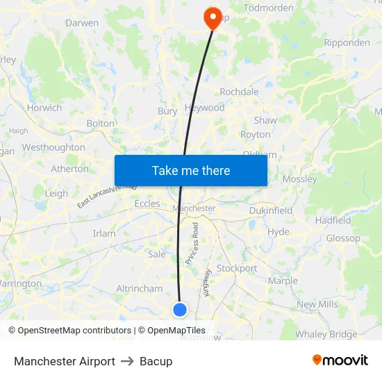 Manchester Airport to Bacup map