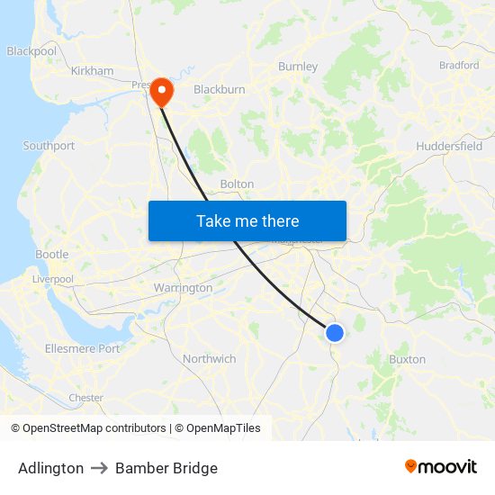 Adlington to Bamber Bridge map