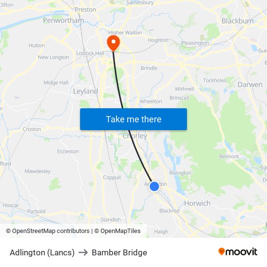 Adlington (Lancs) to Bamber Bridge map