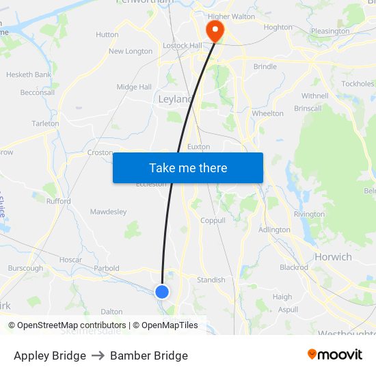 Appley Bridge to Bamber Bridge map