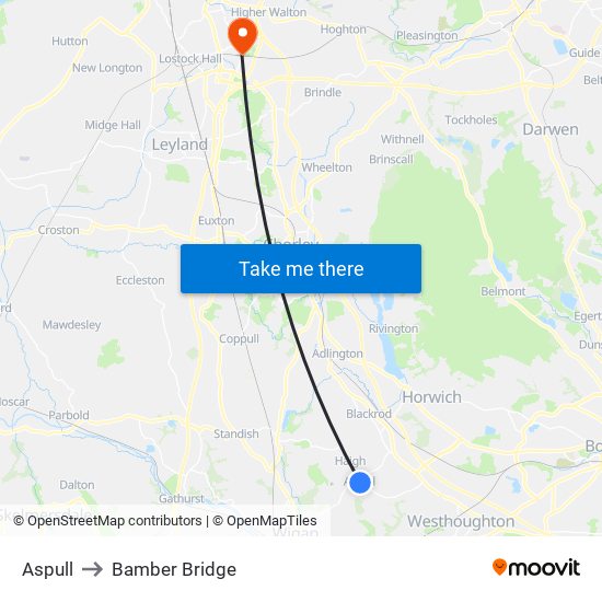 Aspull to Bamber Bridge map