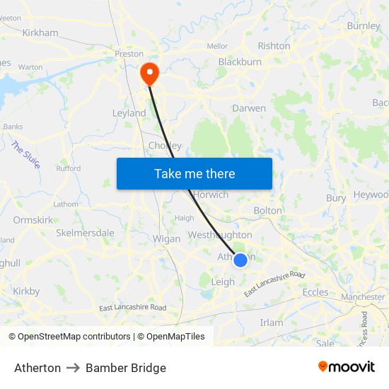 Atherton to Bamber Bridge map