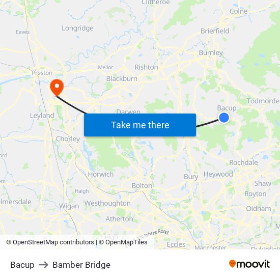 Bacup to Bamber Bridge map
