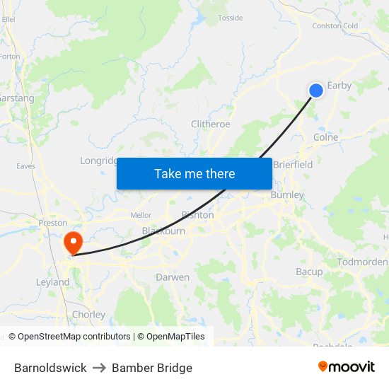 Barnoldswick to Bamber Bridge map