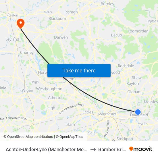Ashton-Under-Lyne (Manchester Metrolink) to Bamber Bridge map