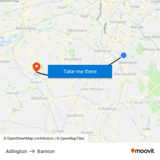 Adlington to Barnton map