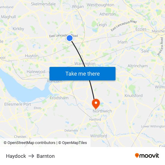 Haydock to Barnton map