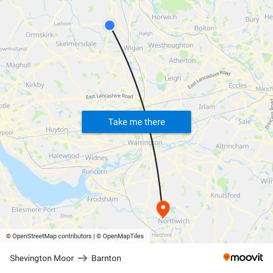 Shevington Moor to Barnton map