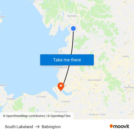 South Lakeland to Bebington map