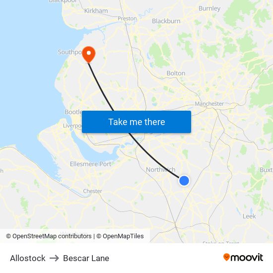 Allostock to Bescar Lane map