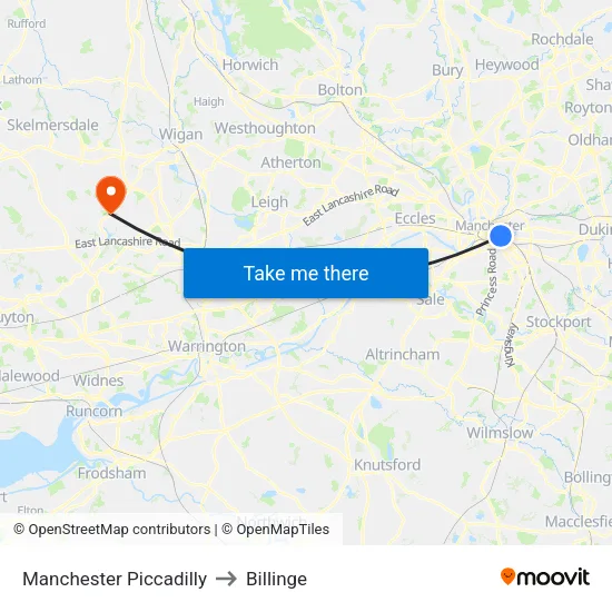 Manchester Piccadilly to Billinge map