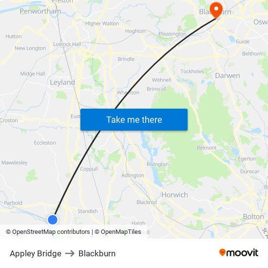 Appley Bridge to Blackburn map