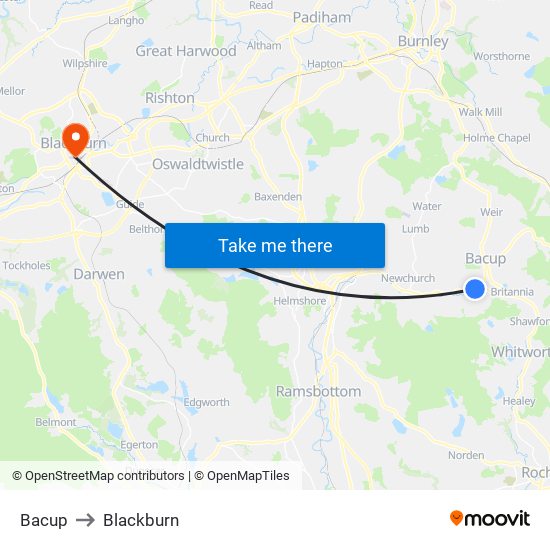 Bacup to Blackburn map