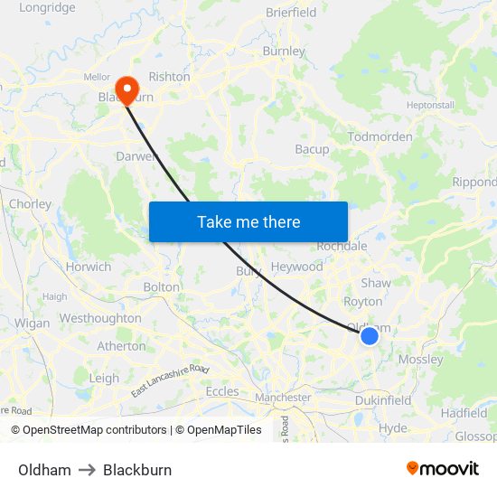 Oldham to Blackburn map