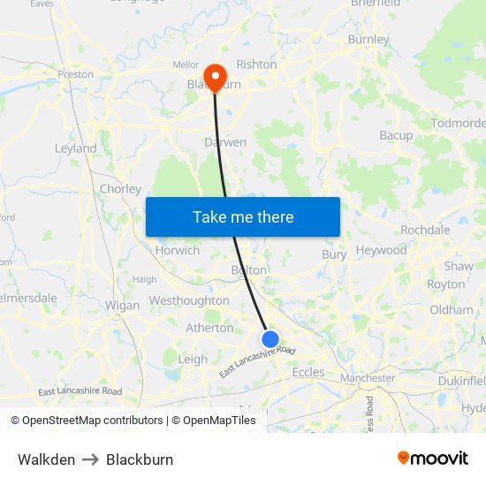 Walkden to Blackburn map