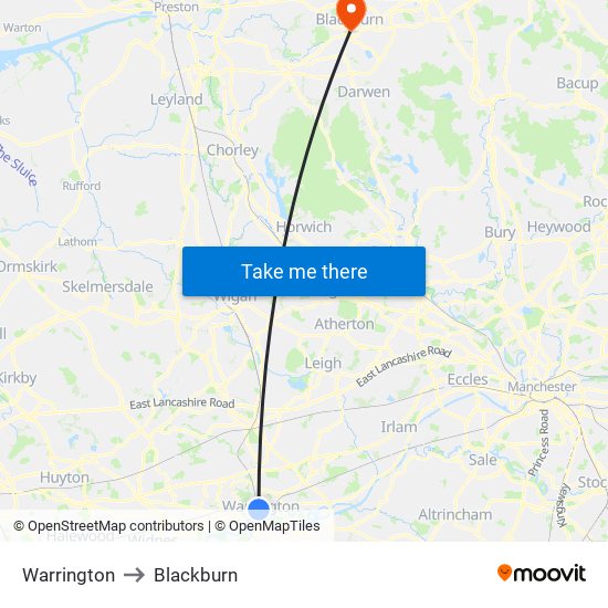 Warrington to Blackburn map