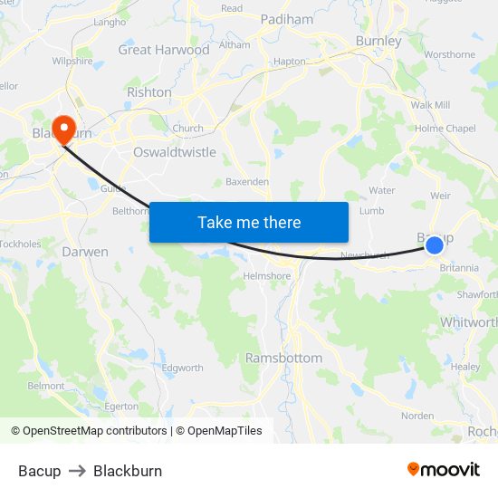 Bacup to Blackburn map