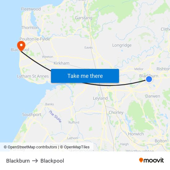 Blackburn to Blackpool map