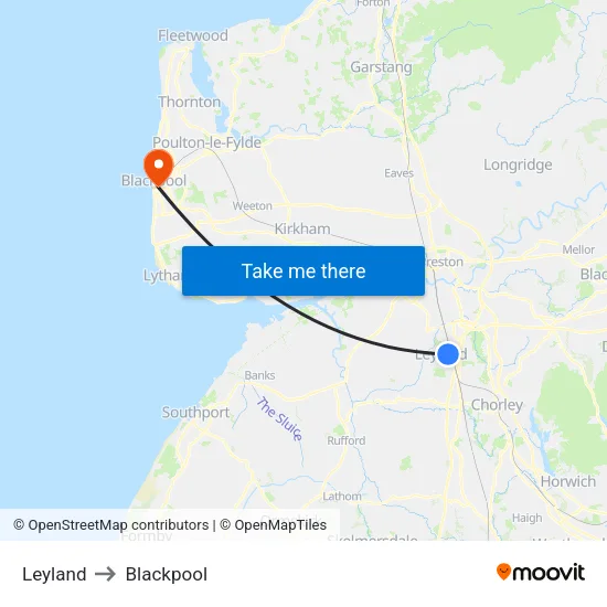 Leyland to Blackpool map