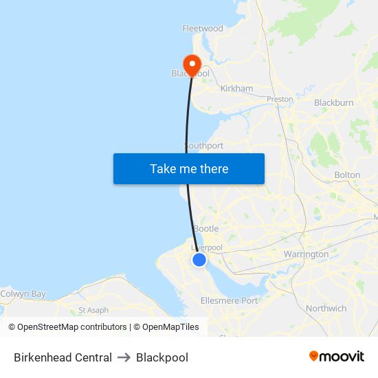 Birkenhead Central to Blackpool map