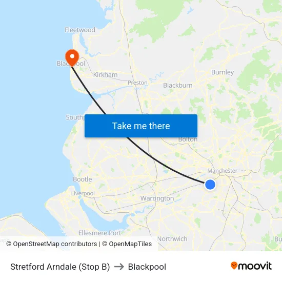 Stretford Mall to Blackpool map