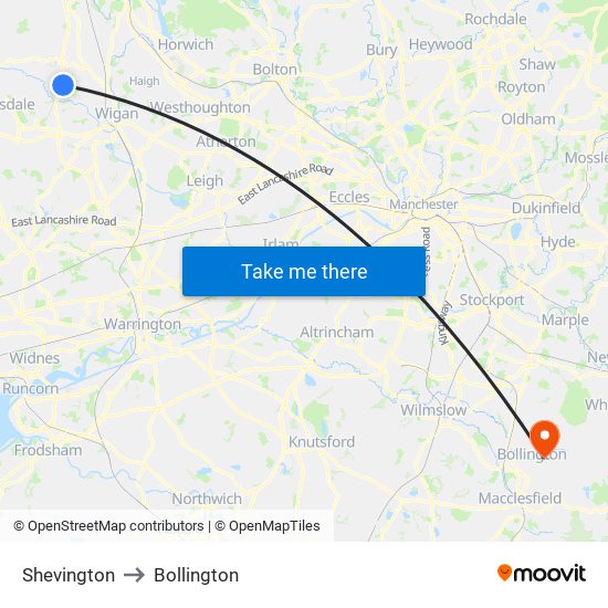 Shevington to Bollington map