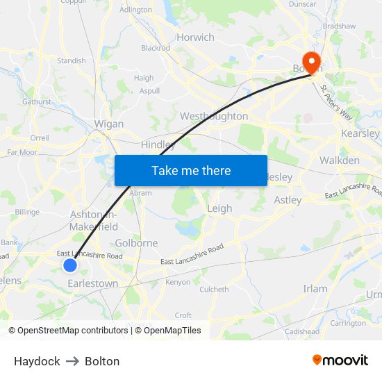 Haydock to Bolton map