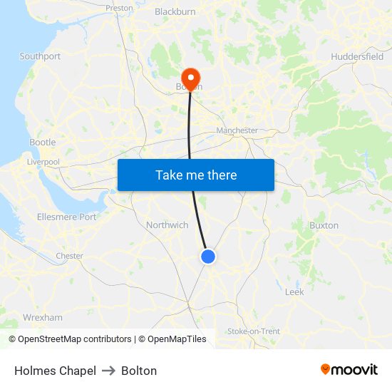 Holmes Chapel to Bolton map