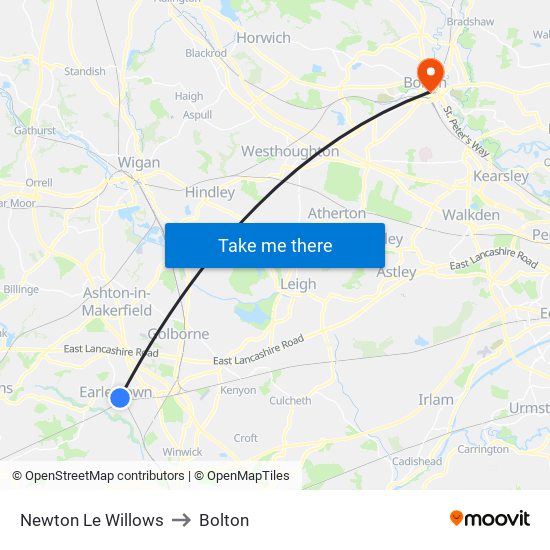 Newton Le Willows to Bolton map