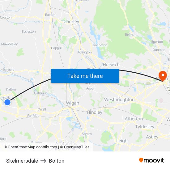 Skelmersdale to Bolton map