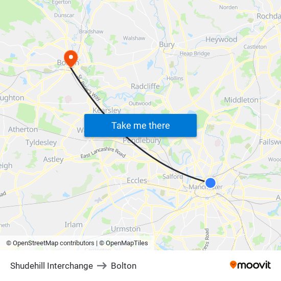 Shudehill Interchange to Bolton map