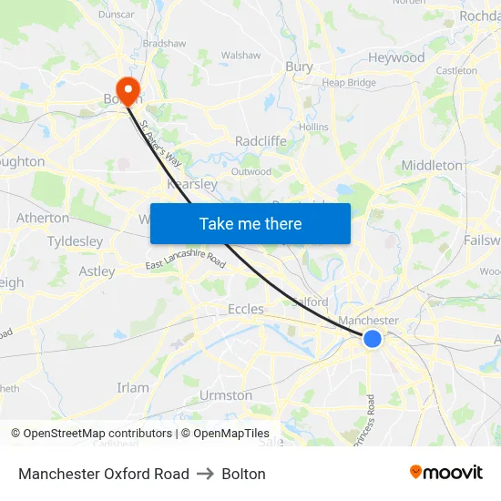 Manchester Oxford Road to Bolton map