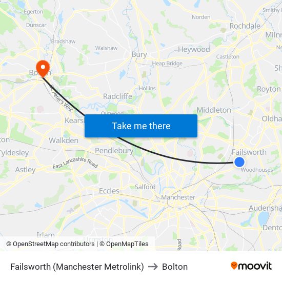 Failsworth (Manchester Metrolink) to Bolton map