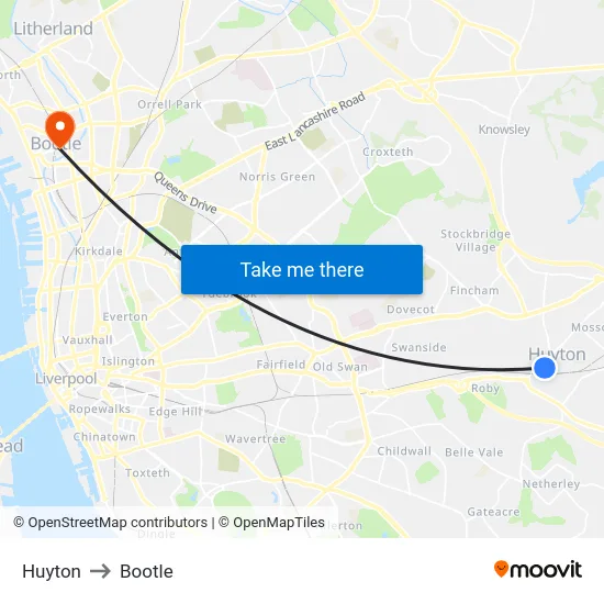 Huyton to Bootle map