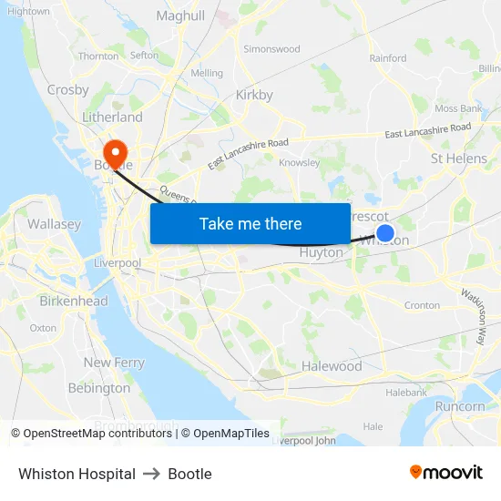 Whiston Hospital to Bootle map