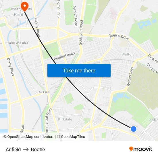 Anfield to Bootle map