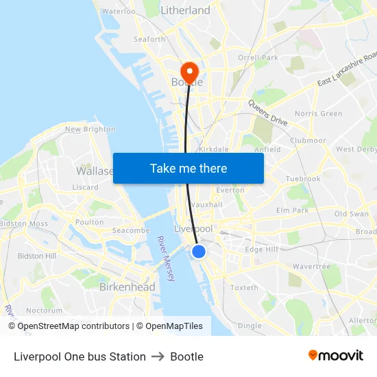 Liverpool One bus Station to Bootle map