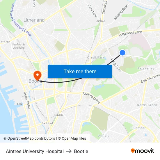 Aintree University Hospital to Bootle map