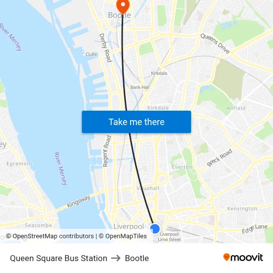 Queen Square Bus Station to Bootle map