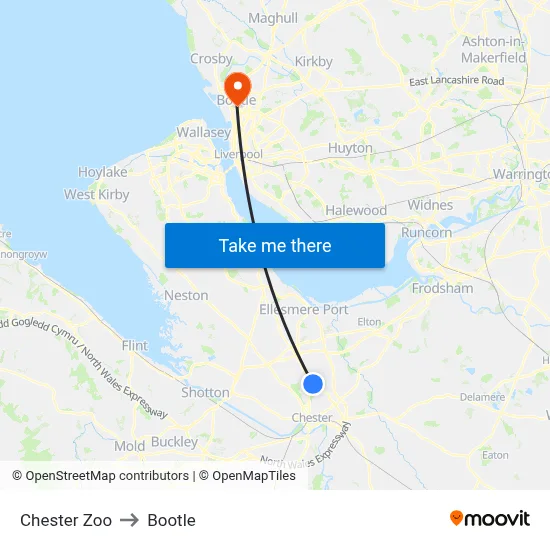 Chester Zoo to Bootle map
