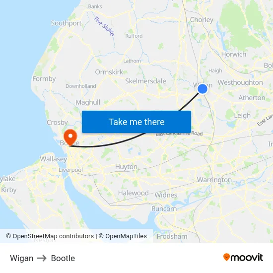 Wigan to Bootle map