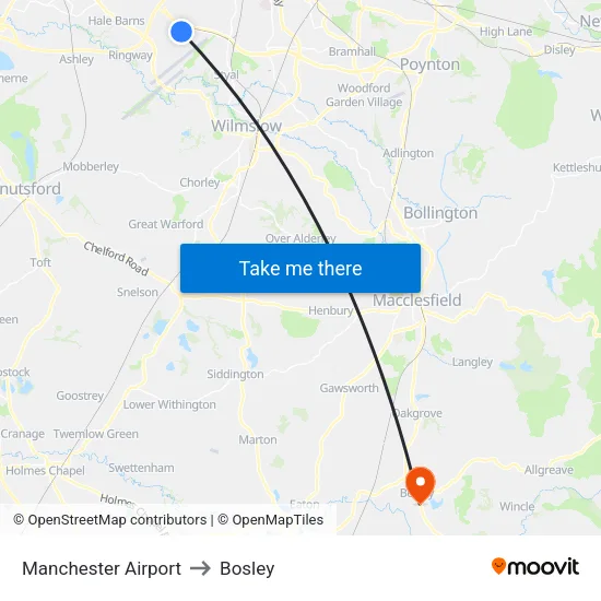 Manchester Airport to Bosley map