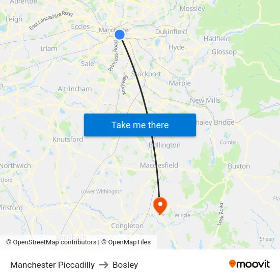 Manchester Piccadilly to Bosley map