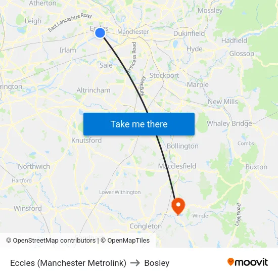 Eccles (Manchester Metrolink) to Bosley map