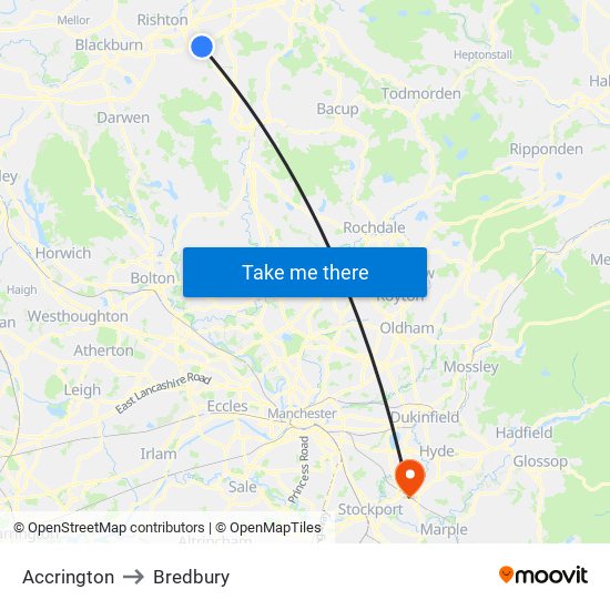 Accrington to Bredbury map