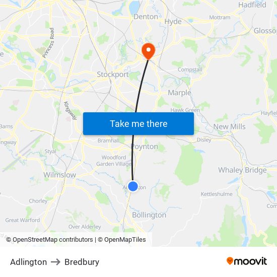 Adlington to Bredbury map