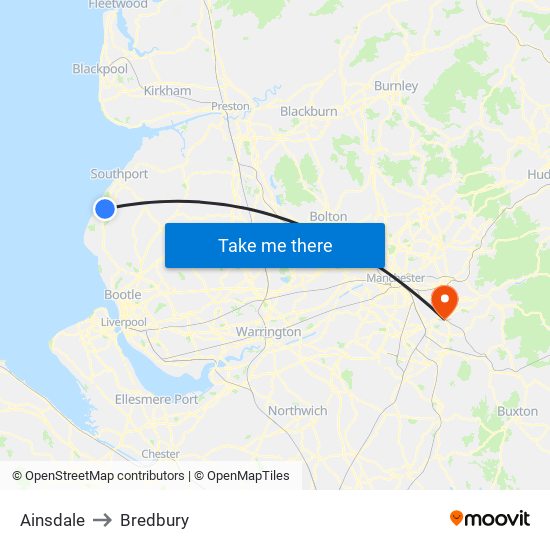 Ainsdale to Bredbury map