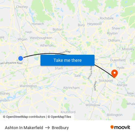 Ashton In Makerfield to Bredbury map