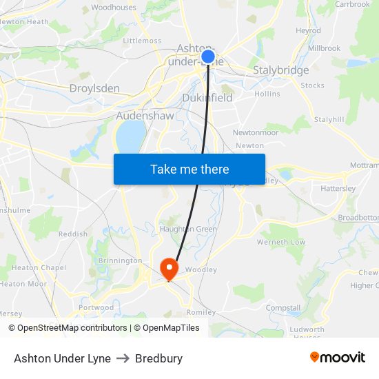 Ashton Under Lyne to Bredbury map